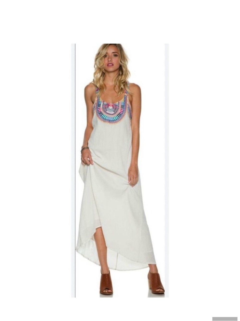 Billabong White Maxi Dress with Multi-Color Embroidered Neck